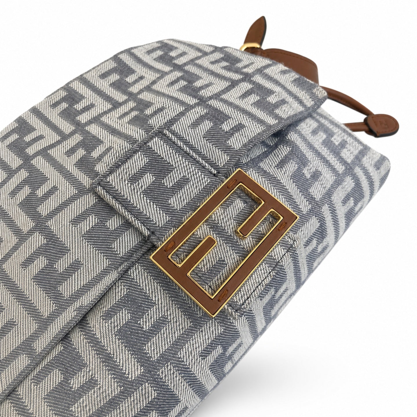 Fendi Mama Baguette Embroidered Denim Leather Gray Brown Blue Bag