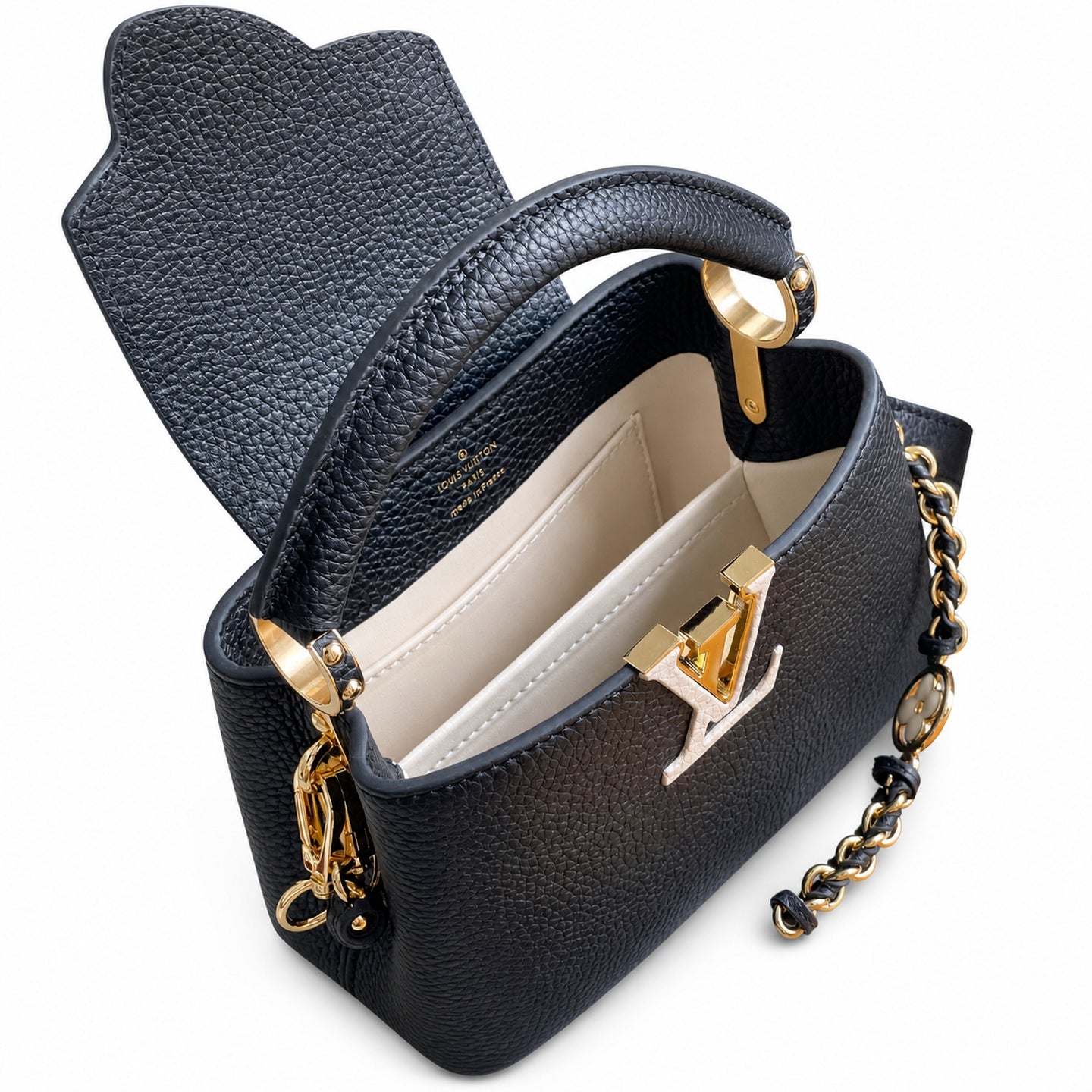 Louis Vuitton Capucines Mini Leather Black White Gold Handbag