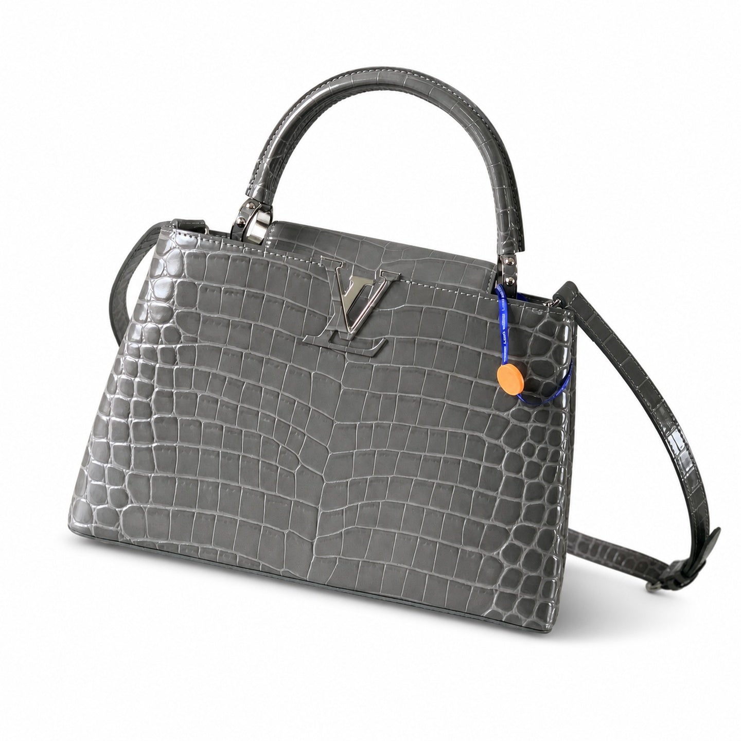 Louis Vuitton Capucines Medium Croc-Embossed Leather Gray Silver Handbag