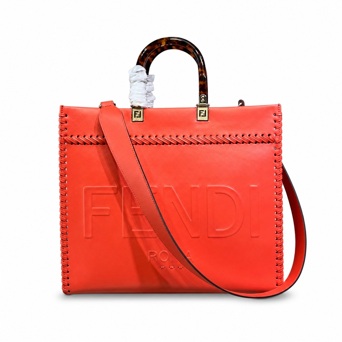 Fendi Sunshine Embroidered Leather Red Tote Bag