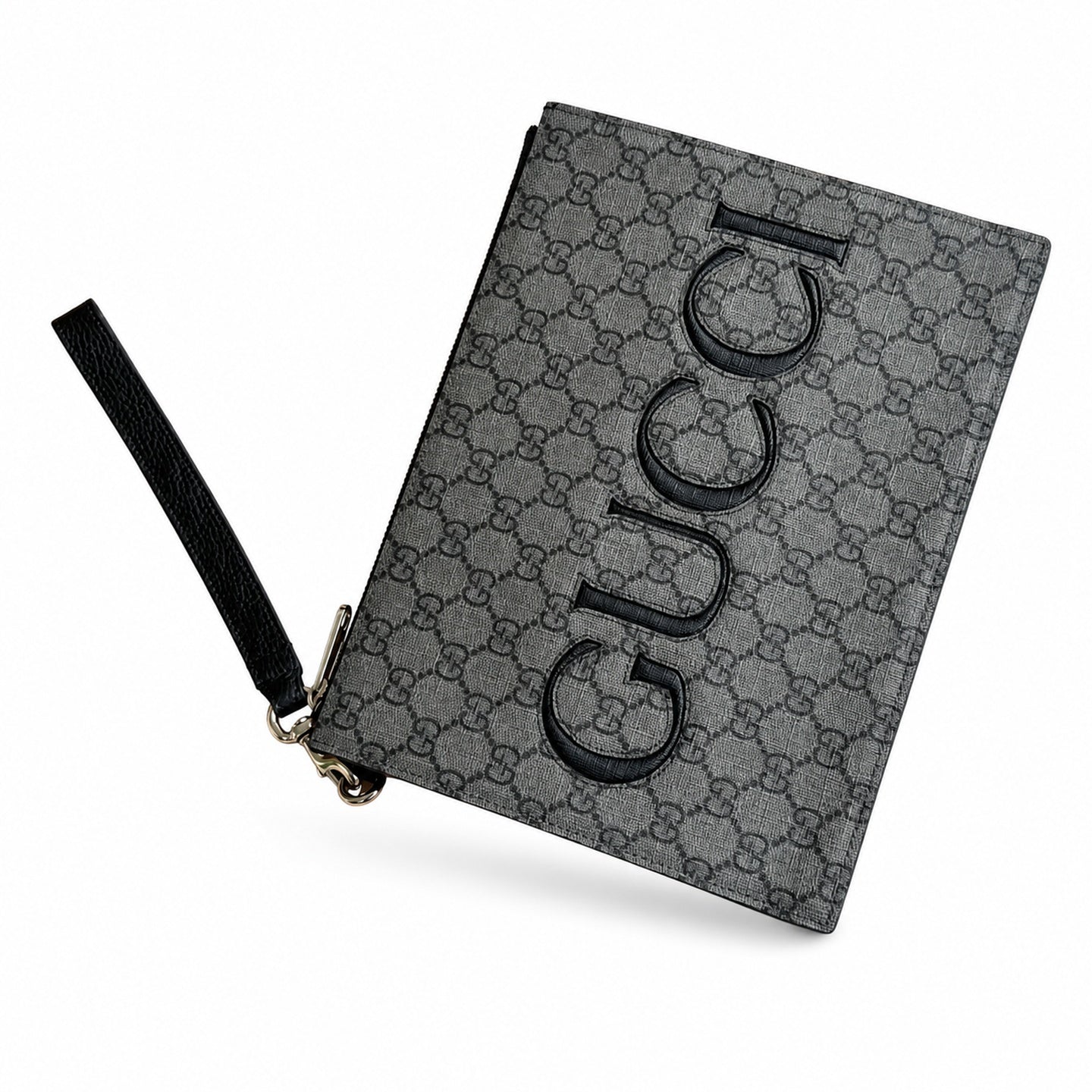 Gucci Supreme Cotton Canvas Leather Black Gray Clutch