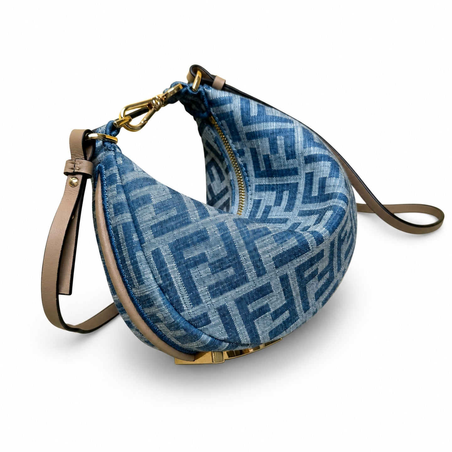 Fendi Mini Denim Leather Beige Blue Hobo Bag