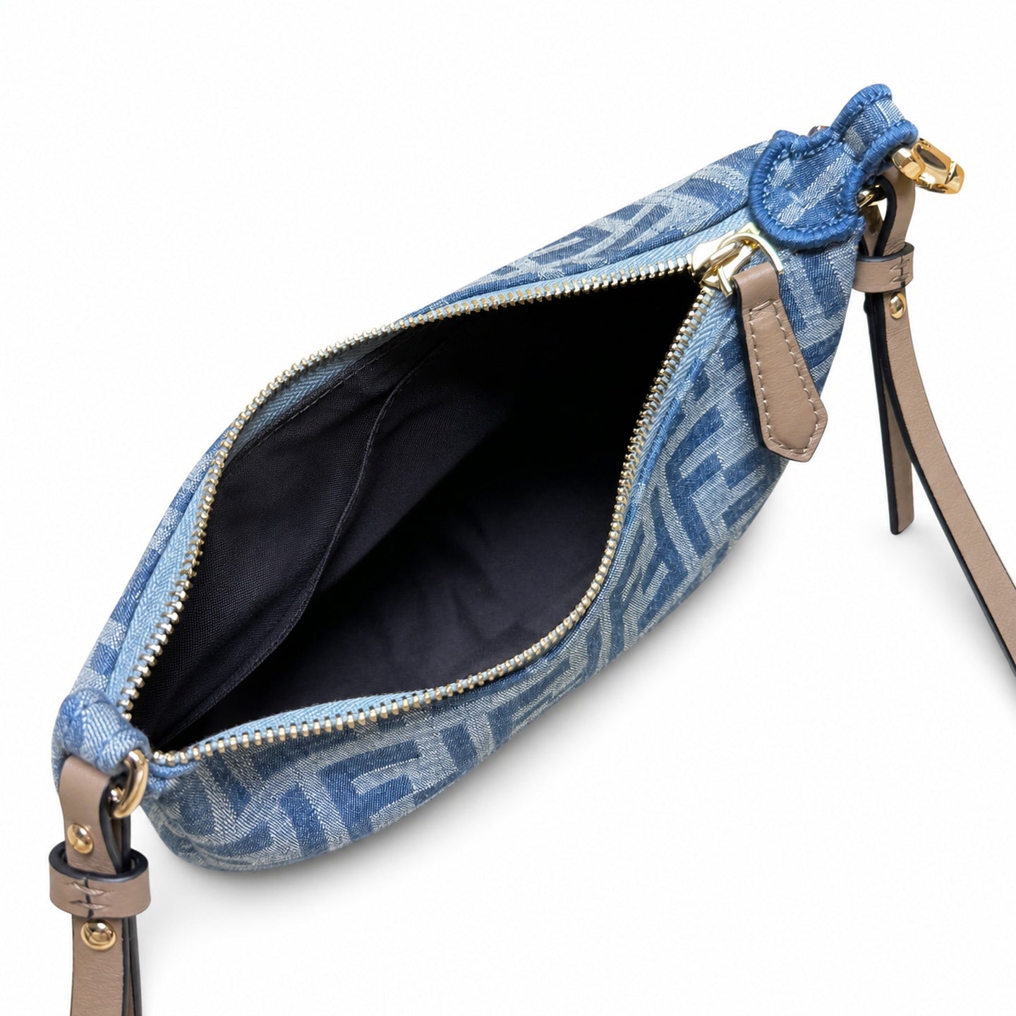 Fendi Mini Denim Leather Beige Blue Hobo Bag