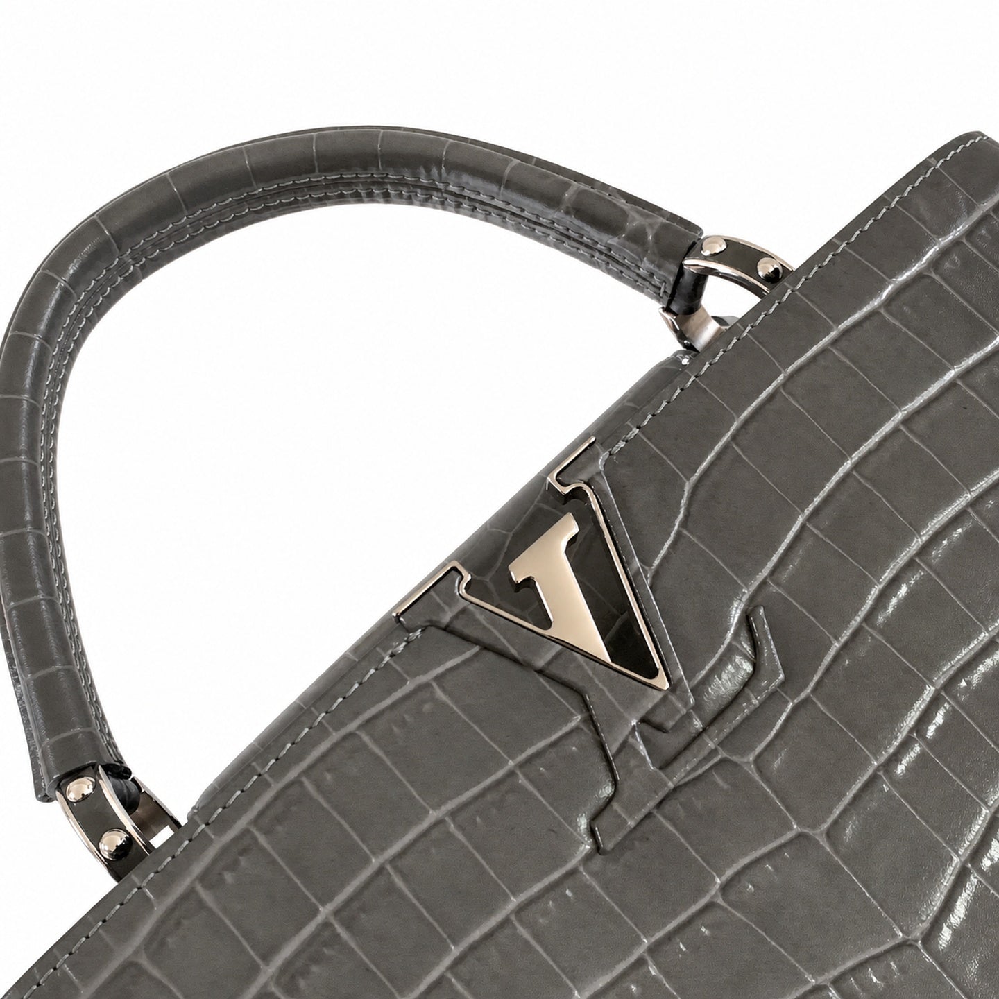 Louis Vuitton Capucines Medium Croc-Embossed Leather Gray Silver Handbag