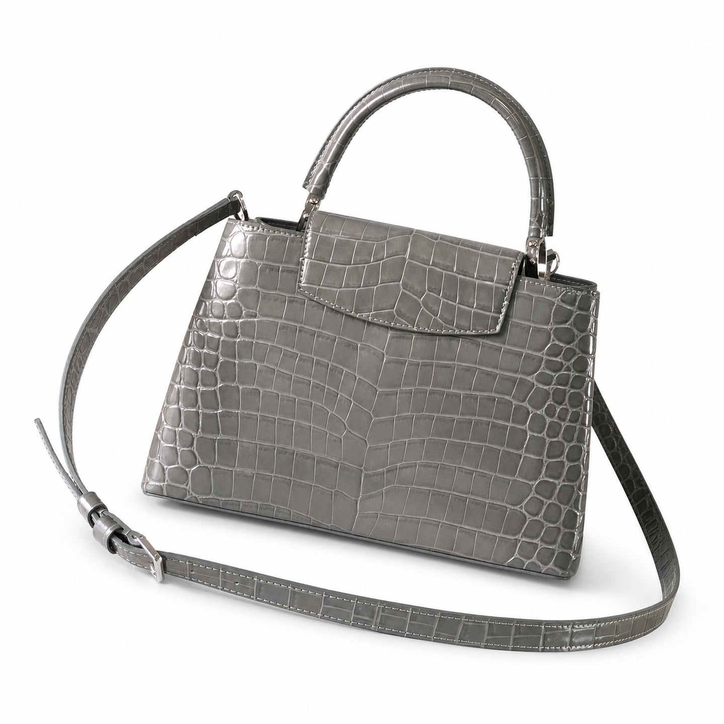 Louis Vuitton Capucines Medium Croc-Embossed Leather Gray Silver Handbag