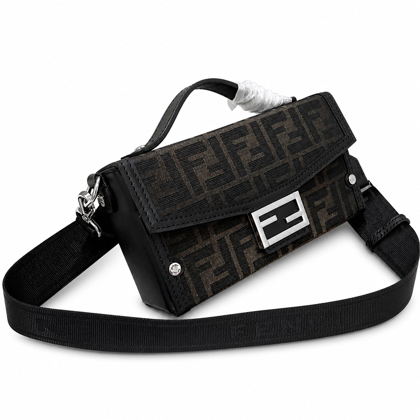 Fendi Baguette Soft Trunk Jacquard Leather Black Silver Bag