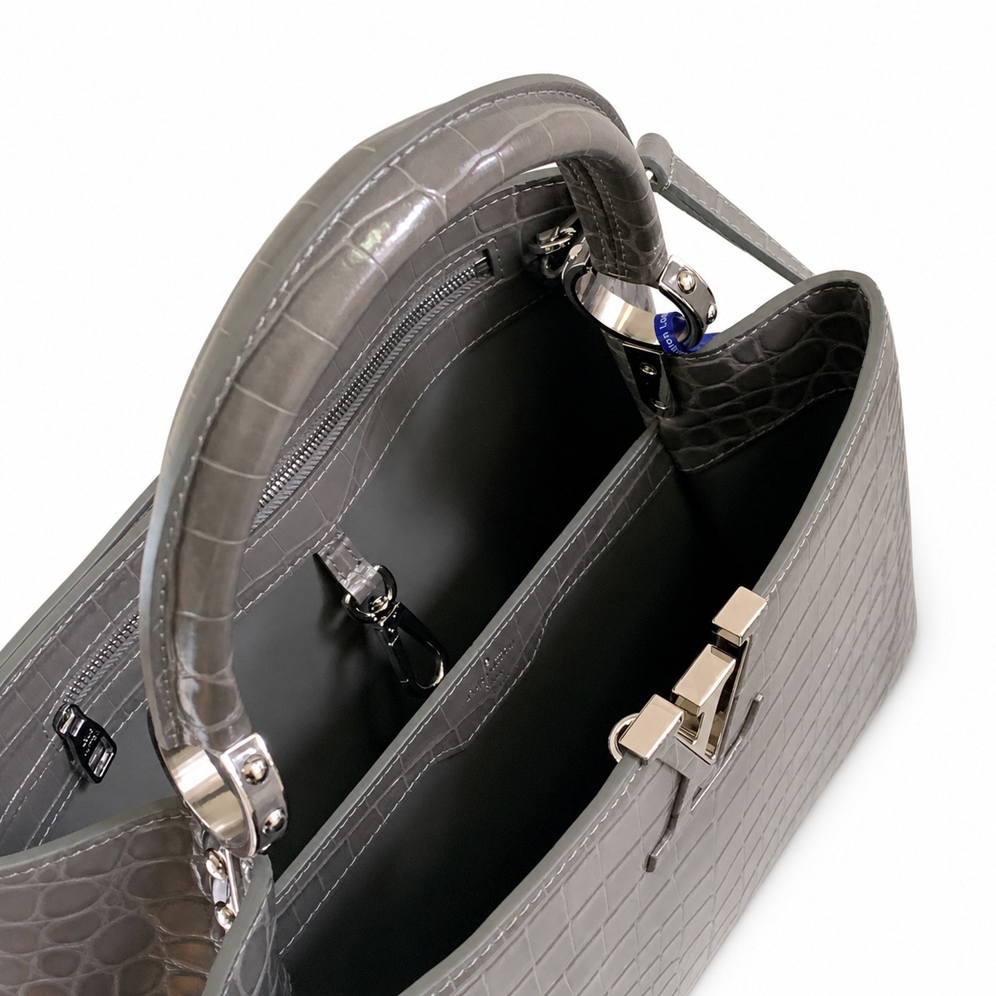 Louis Vuitton Capucines Medium Croc-Embossed Leather Gray Silver Handbag