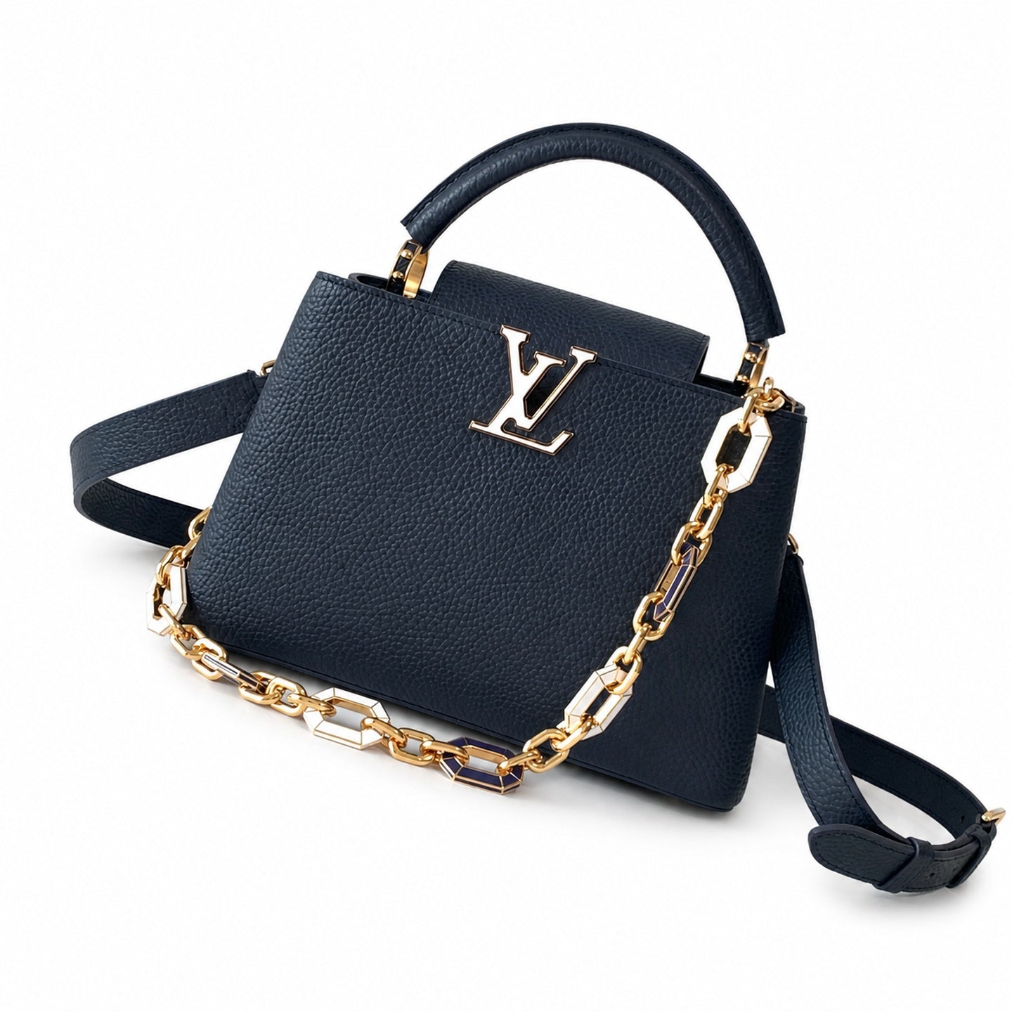 Louis Vuitton Capucines Small Leather Blue Gold Handbag