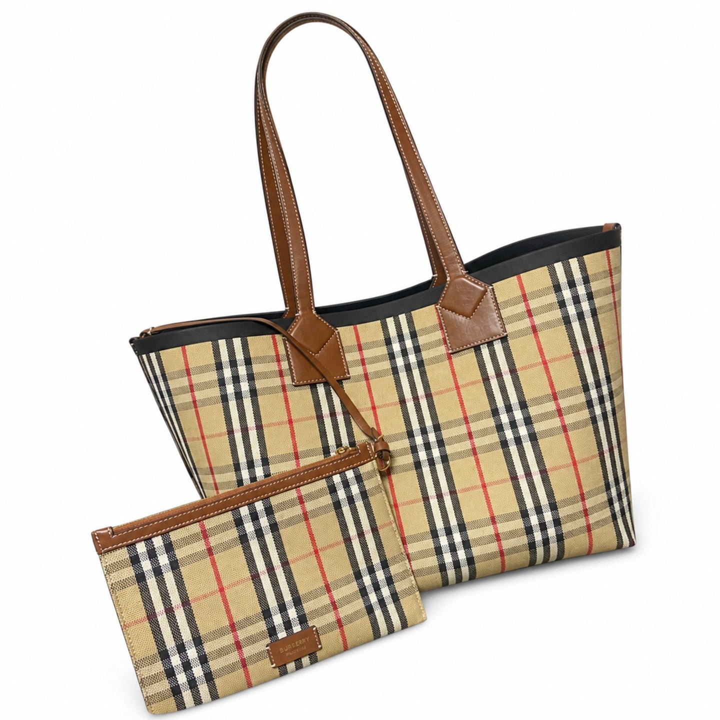 Burberry Cotton Canvas Leather Check Tote Bag