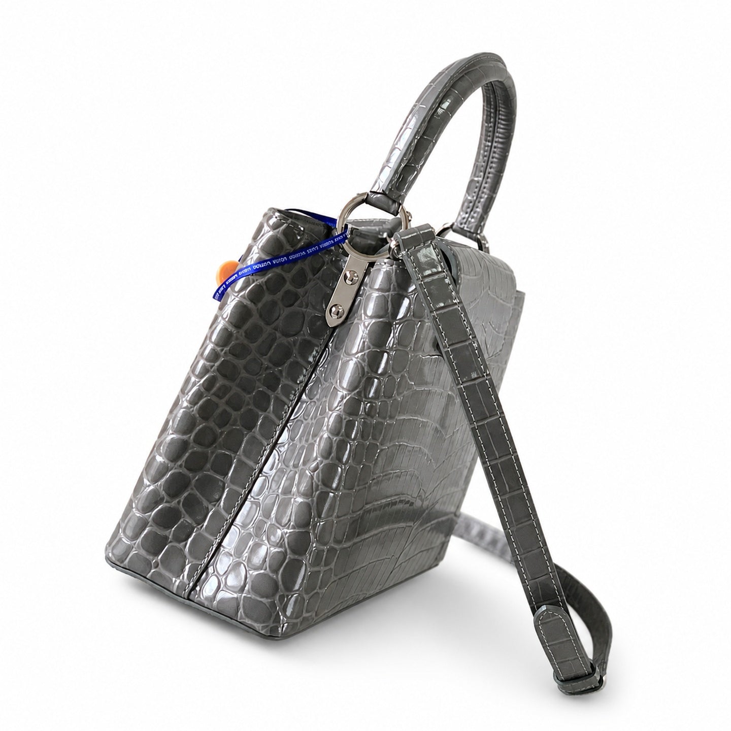 Louis Vuitton Capucines Medium Croc-Embossed Leather Gray Silver Handbag