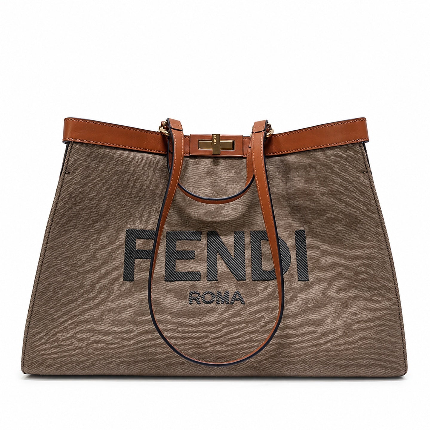 Fendi Peekaboo X-Tote Embroidered Canvas Leather Brown Green Handbag