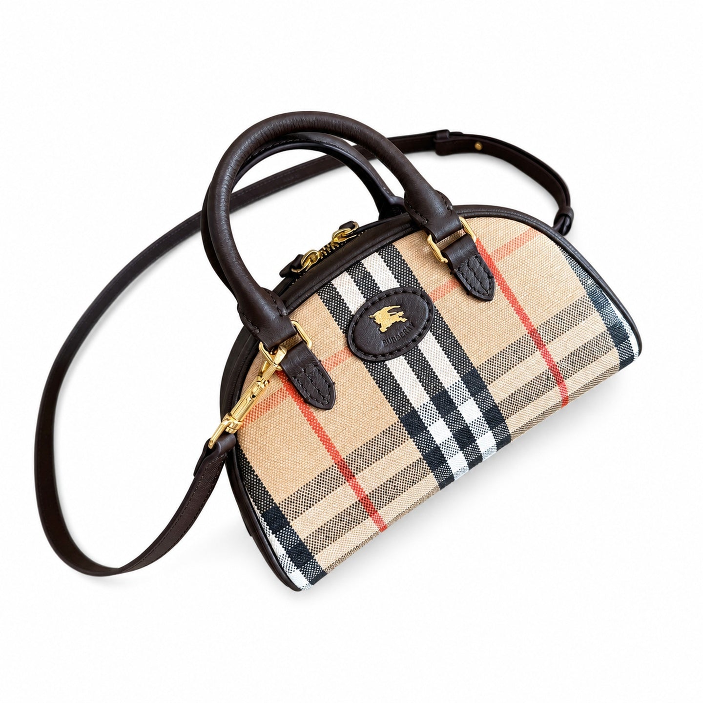 Burberry Highlands Mini Cotton Leather Check Bowling Bag