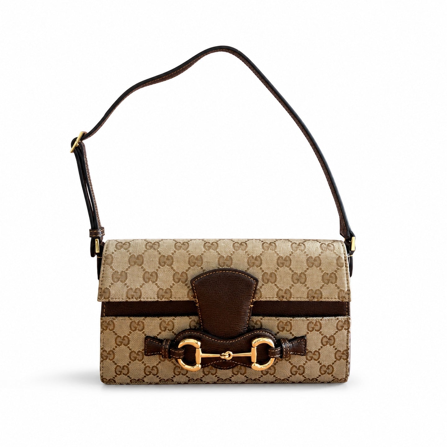 Gucci Horsebit Canvas Leather Brown Gold Shoulder Bag