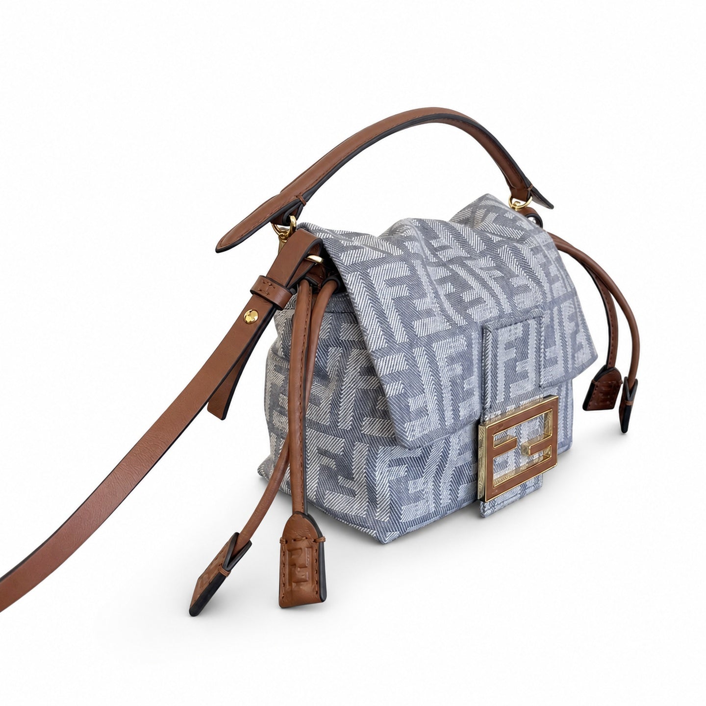 Fendi Baguette Small Embroidered Denim Leather Gray Brown Blue Bag