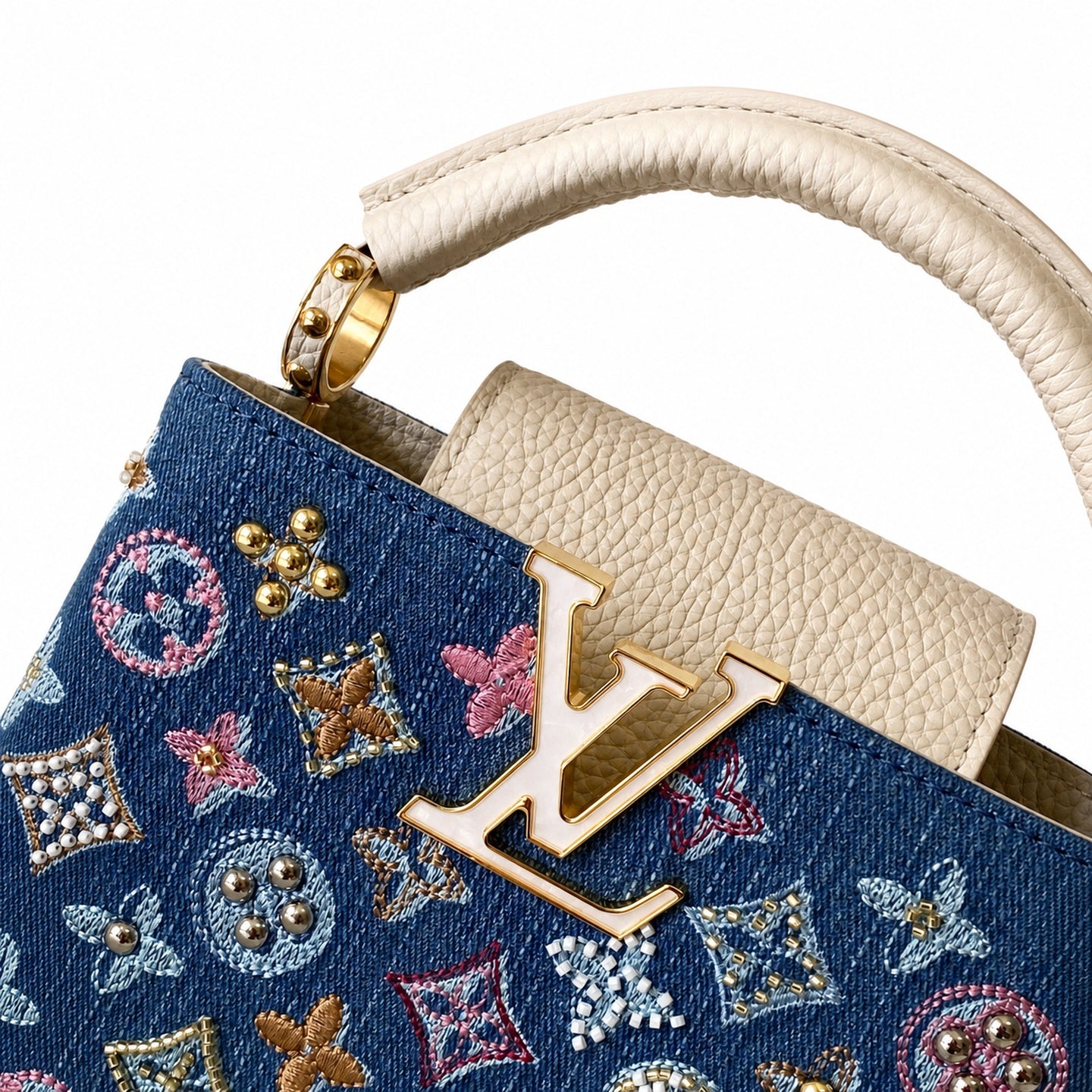 Louis Vuitton Mini Embroidered Cotton Denim Leather Handbag
