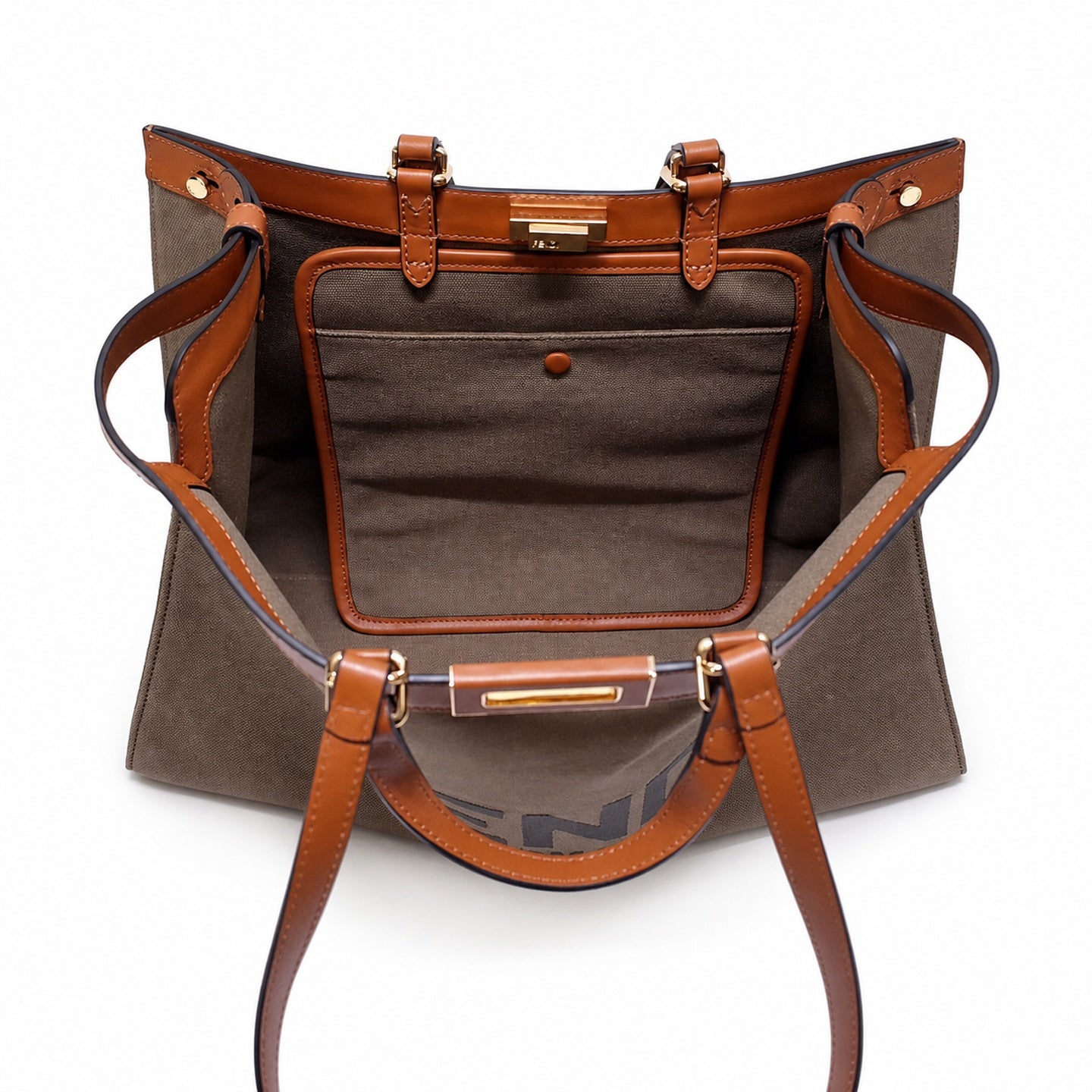 Fendi Peekaboo X-Tote Embroidered Canvas Leather Brown Green Handbag