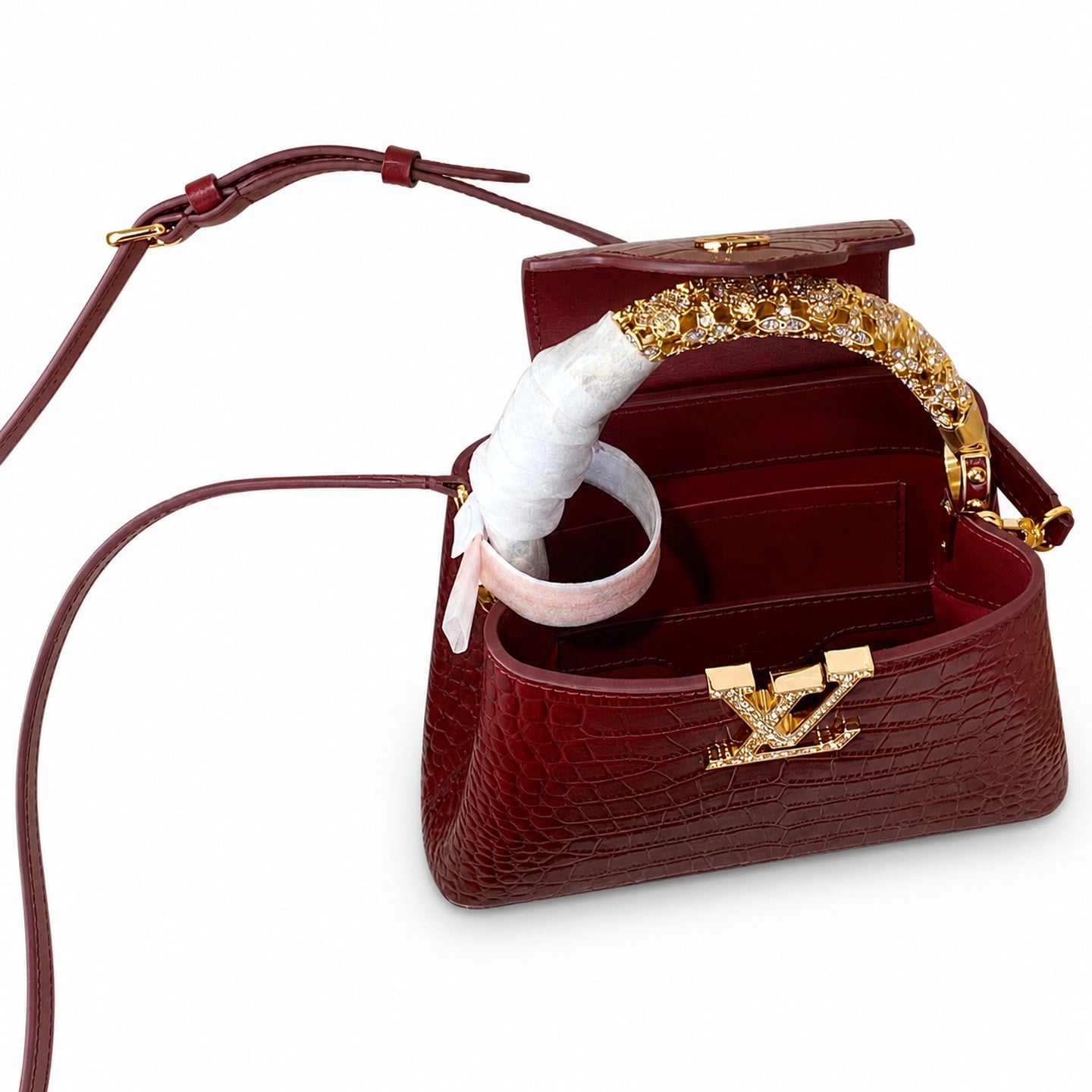 Louis Vuitton Capucines Mini Croc-Embossed Leather Burgundy Handbag