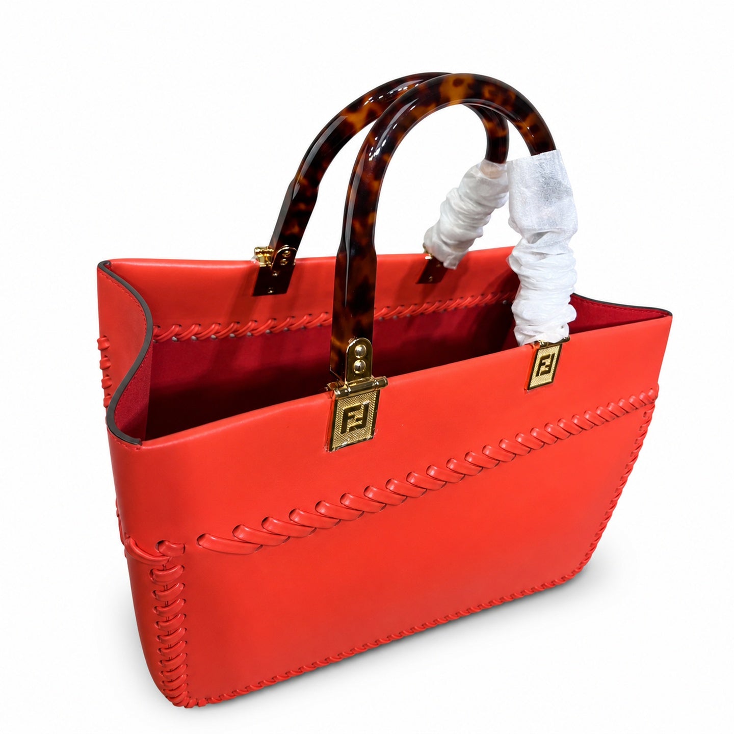Fendi Sunshine Embroidered Leather Red Tote Bag