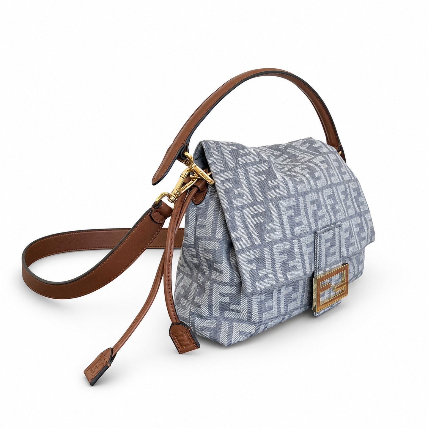Fendi Mama Baguette Embroidered Denim Leather Gray Brown Blue Bag