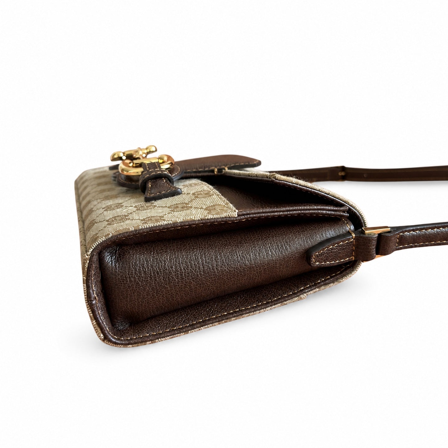 Gucci Horsebit Canvas Leather Brown Gold Shoulder Bag