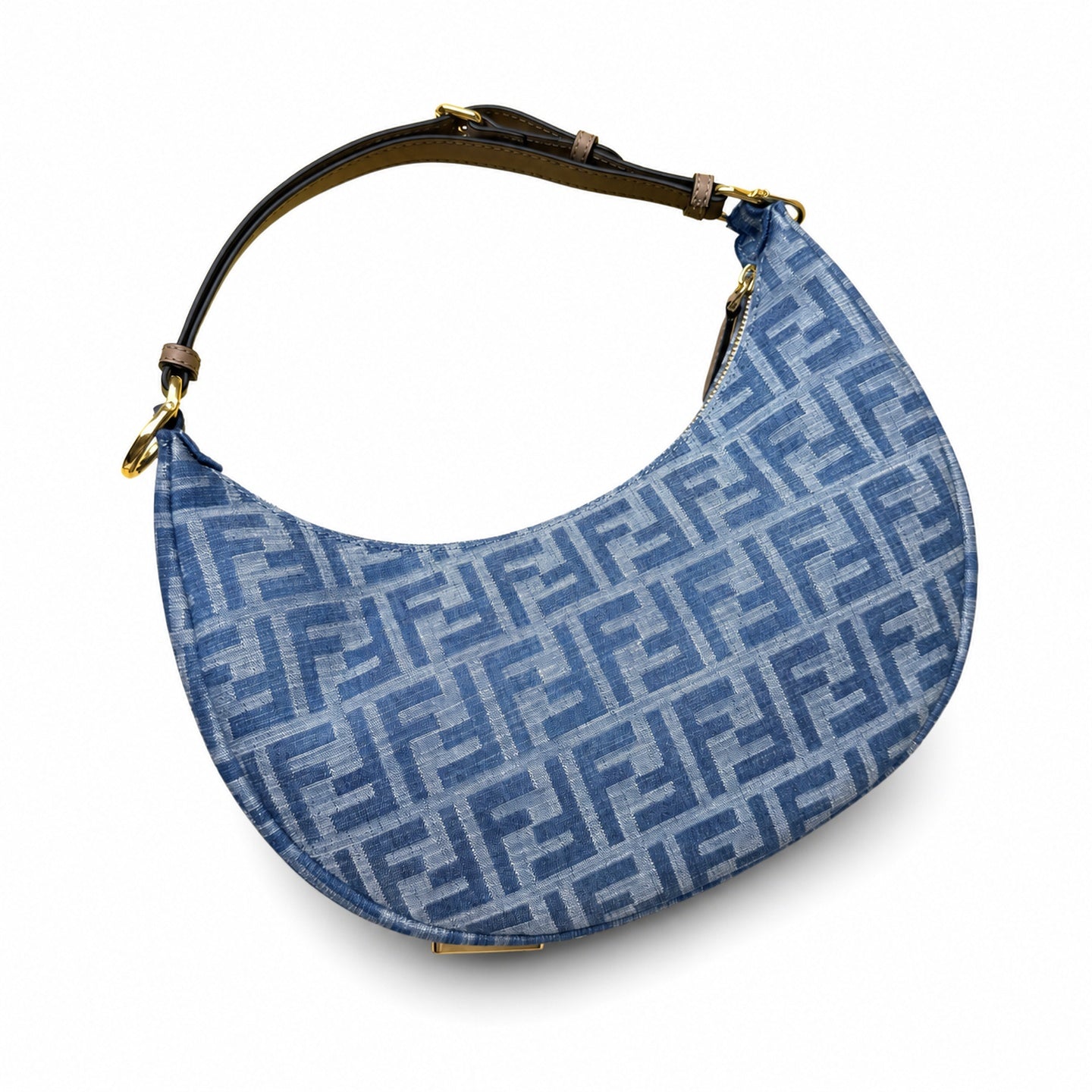 Fendi Fendigraphy Small Denim Leather Beige Blue Hobo Bag