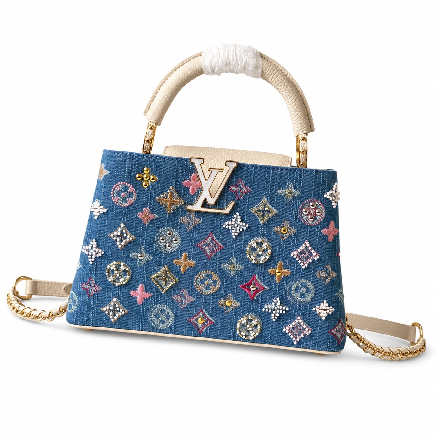 Louis Vuitton Capucines Embroidered Denim Leather White Handbag