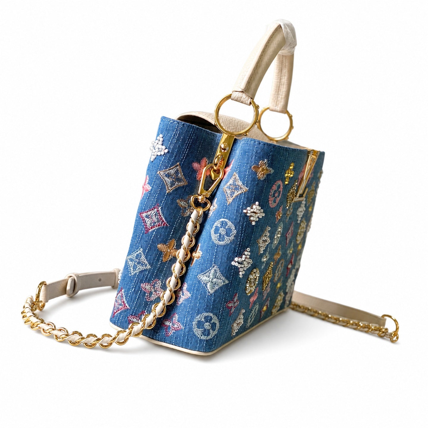 Louis Vuitton Capucines Embroidered Denim Leather White Handbag