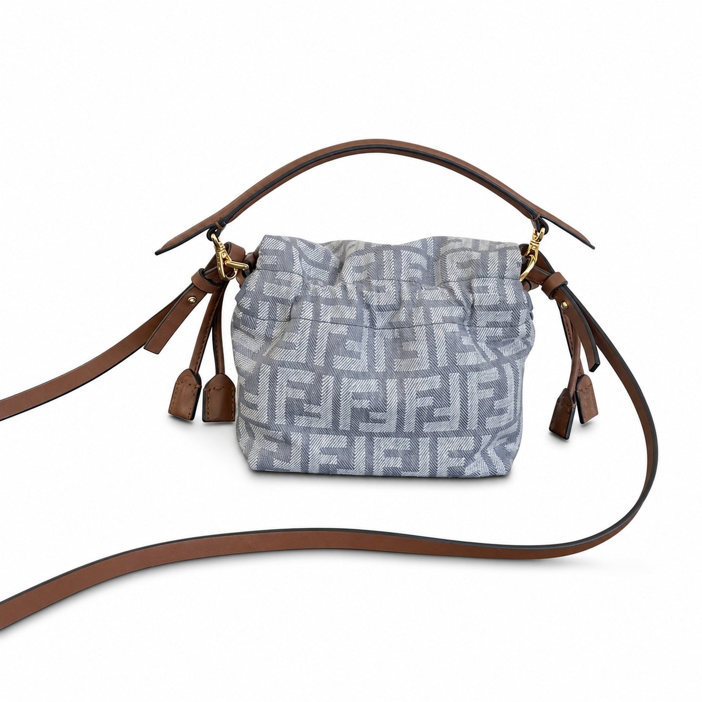 Fendi Baguette Small Embroidered Denim Leather Gray Brown Blue Bag