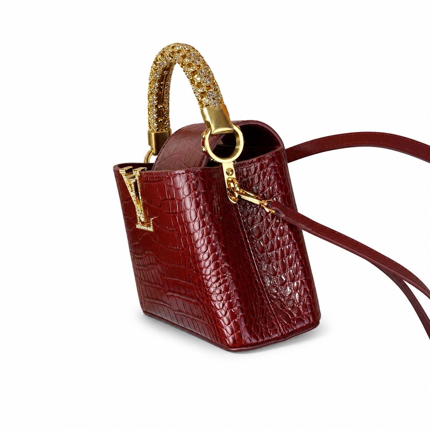 Louis Vuitton Capucines Mini Croc-Embossed Leather Burgundy Handbag