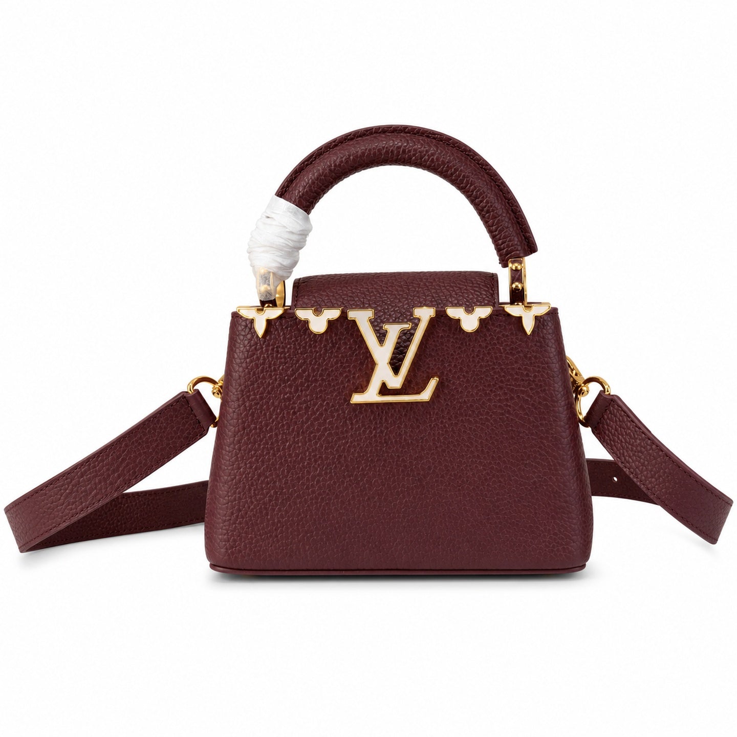 Louis Vuitton Capucines Mini Leather White Gold Burgundy Handbag