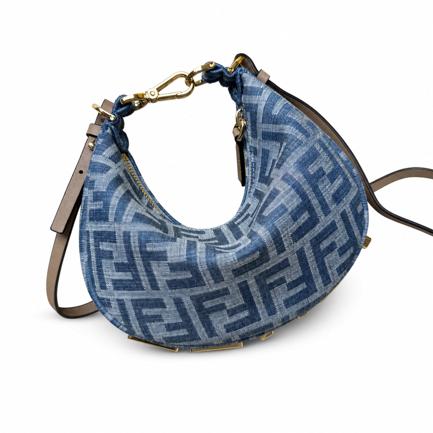Fendi Mini Denim Leather Beige Blue Hobo Bag