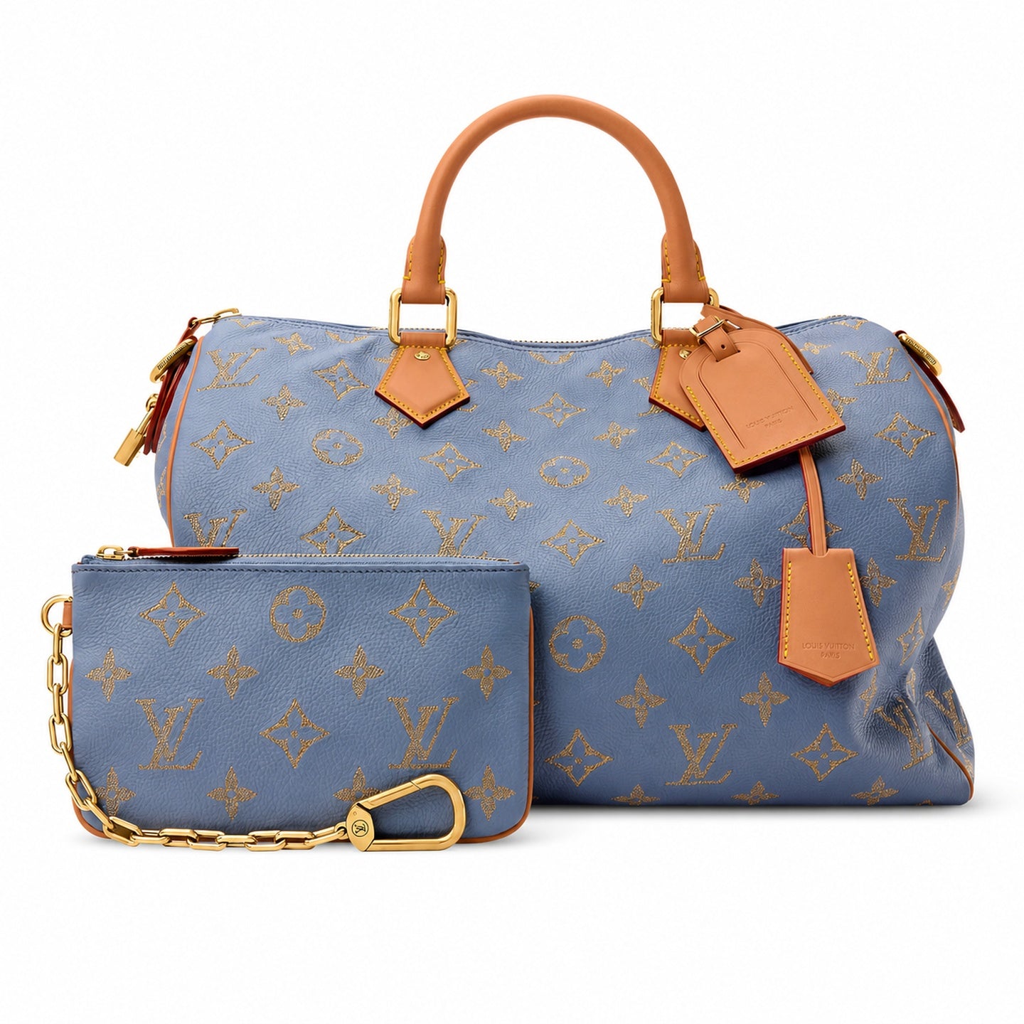 Louis Vuitton Speedy Bandouliere Embroidered Leather Gray Blue Gold Handbag