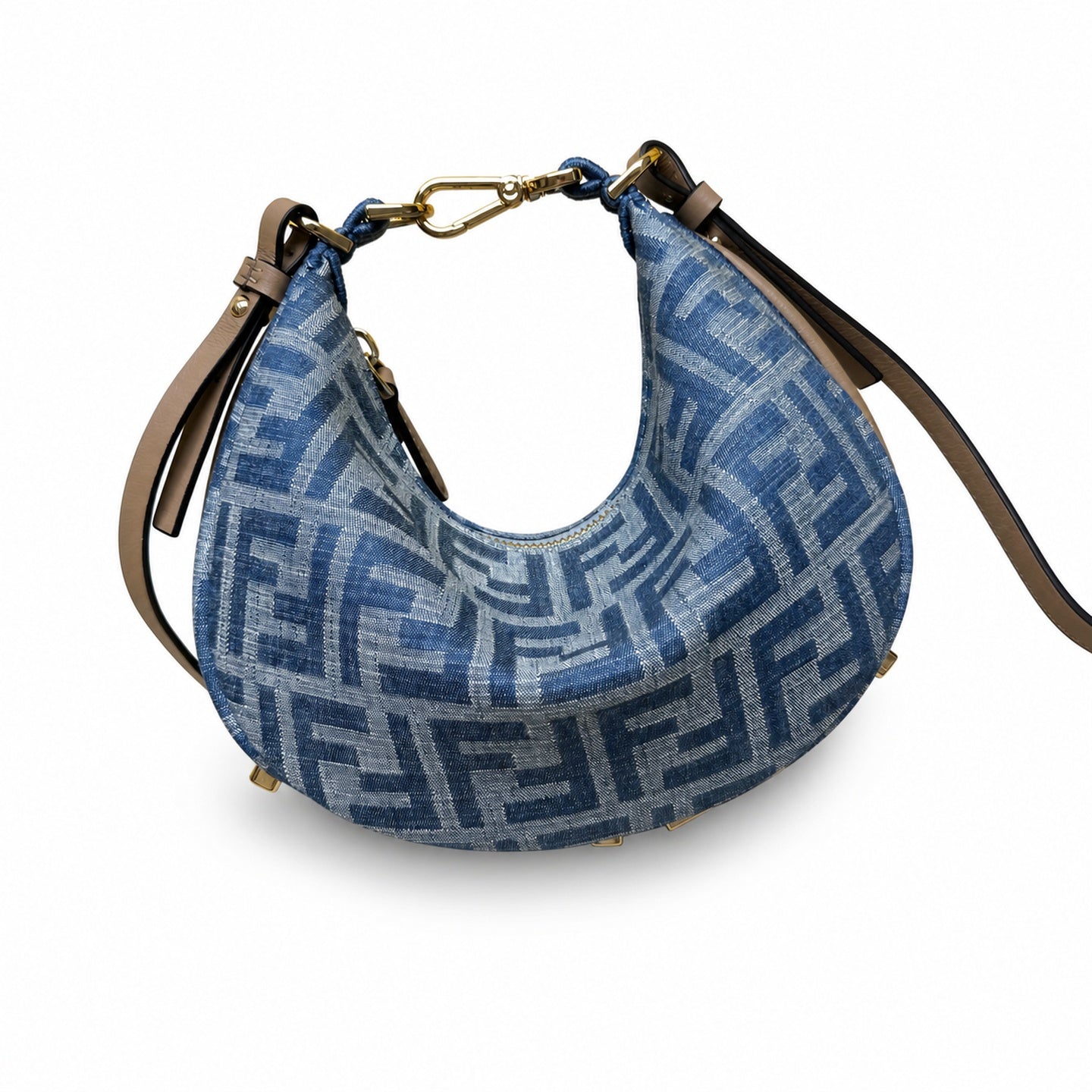 Fendi Mini Denim Leather Beige Blue Hobo Bag