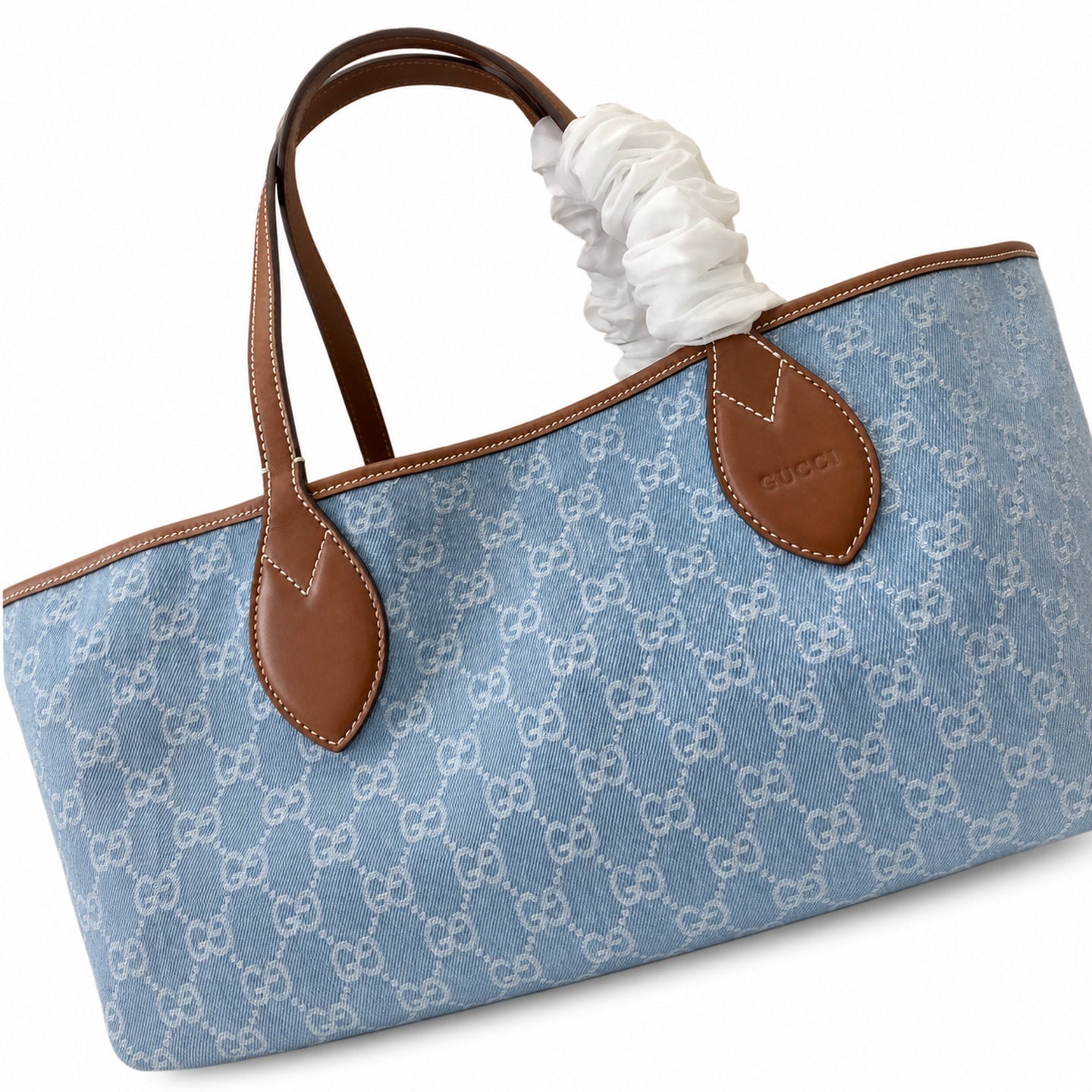 Gucci Medium Denim Leather Brown Blue Tote Bag