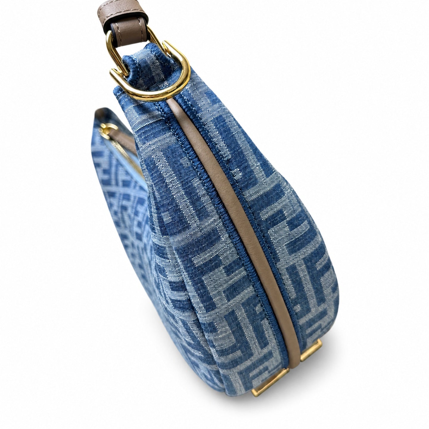 Fendi Fendigraphy Small Denim Leather Beige Blue Hobo Bag