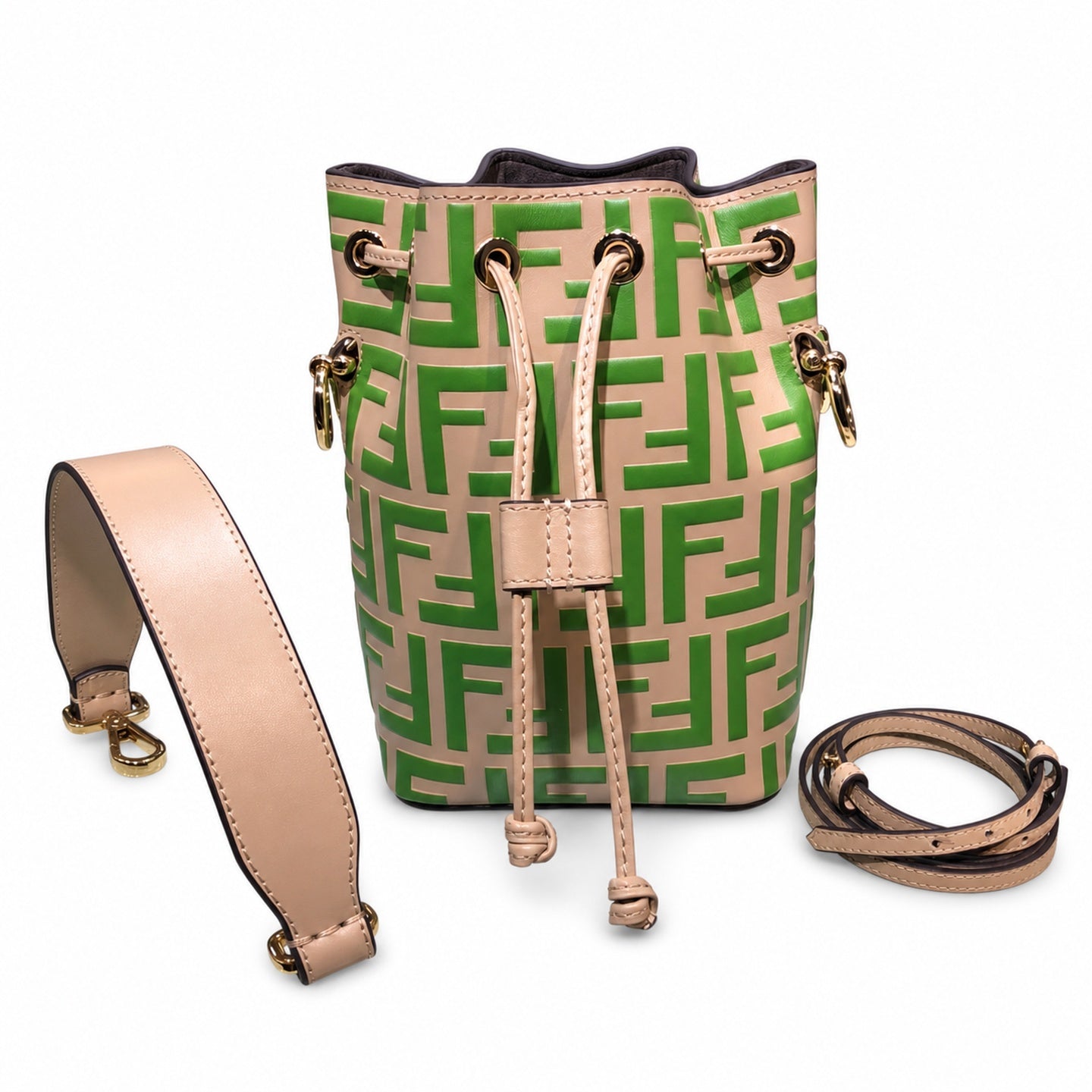 Fendi Mon Tresor Small Leather Beige Green Bucket Bag