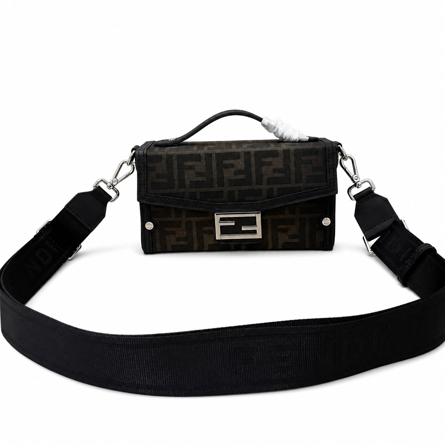 Fendi Baguette Soft Trunk Jacquard Leather Black Silver Bag