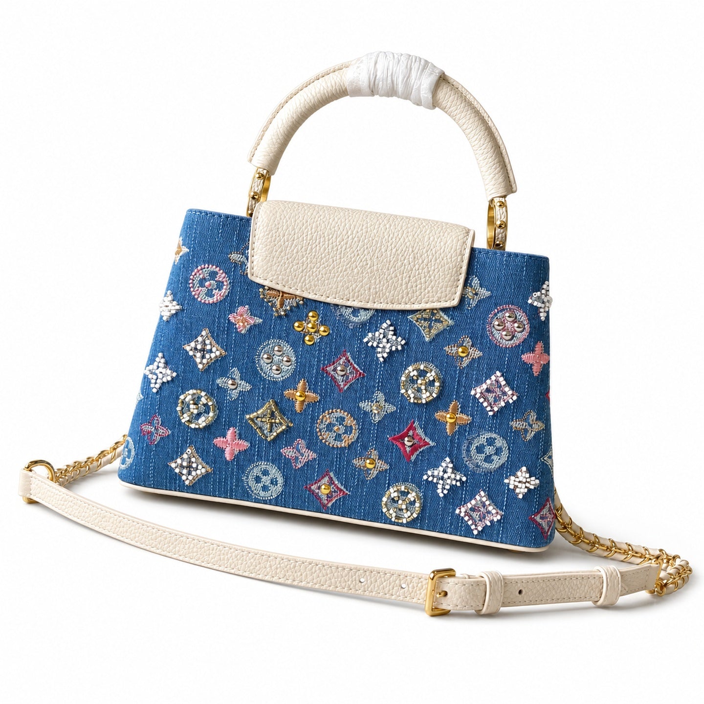 Louis Vuitton Capucines Embroidered Denim Leather White Handbag