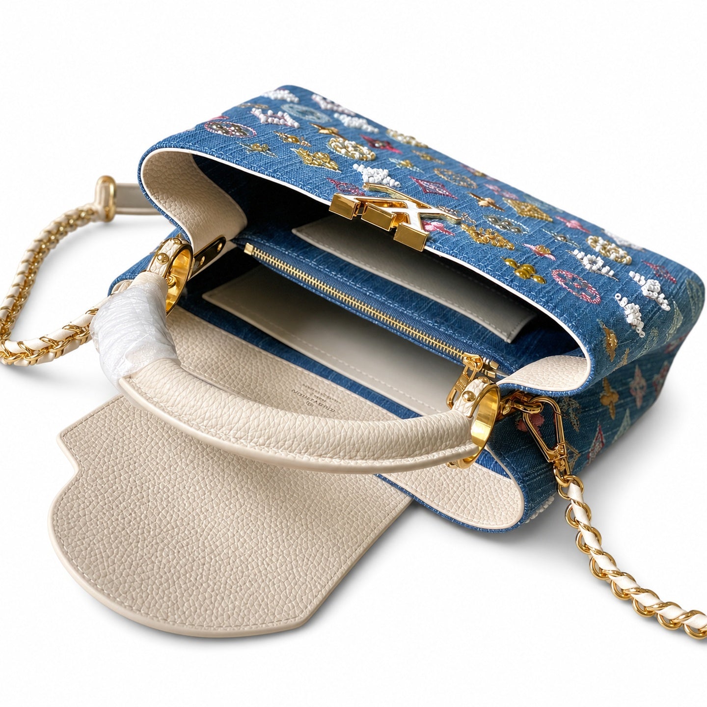 Louis Vuitton Capucines Embroidered Denim Leather White Handbag