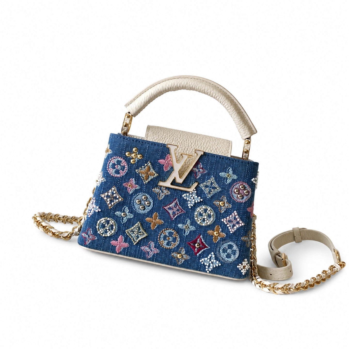 Louis Vuitton Mini Embroidered Cotton Denim Leather Handbag