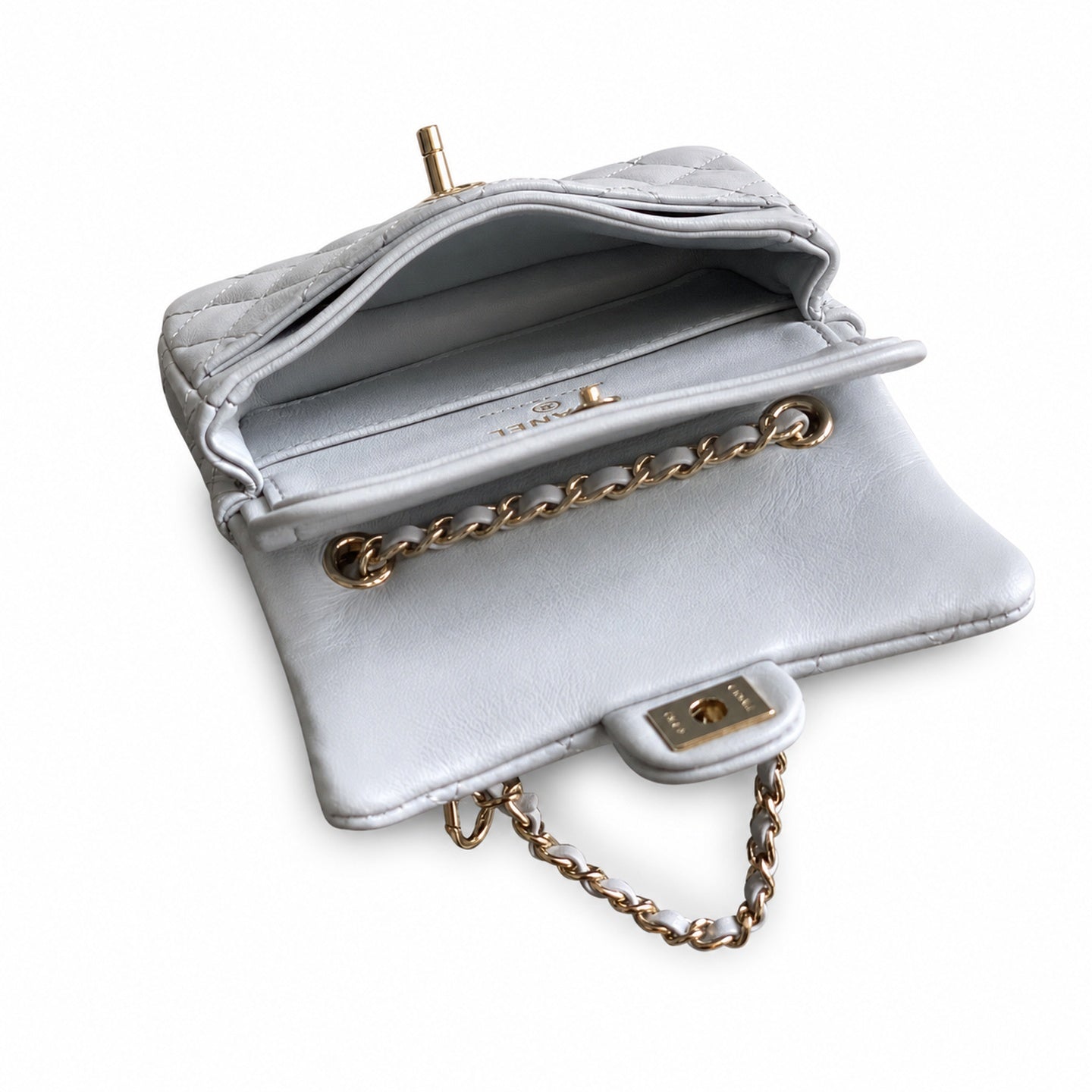 Chanel Mini Leather White Gray Red Blue Pink Gold Charm