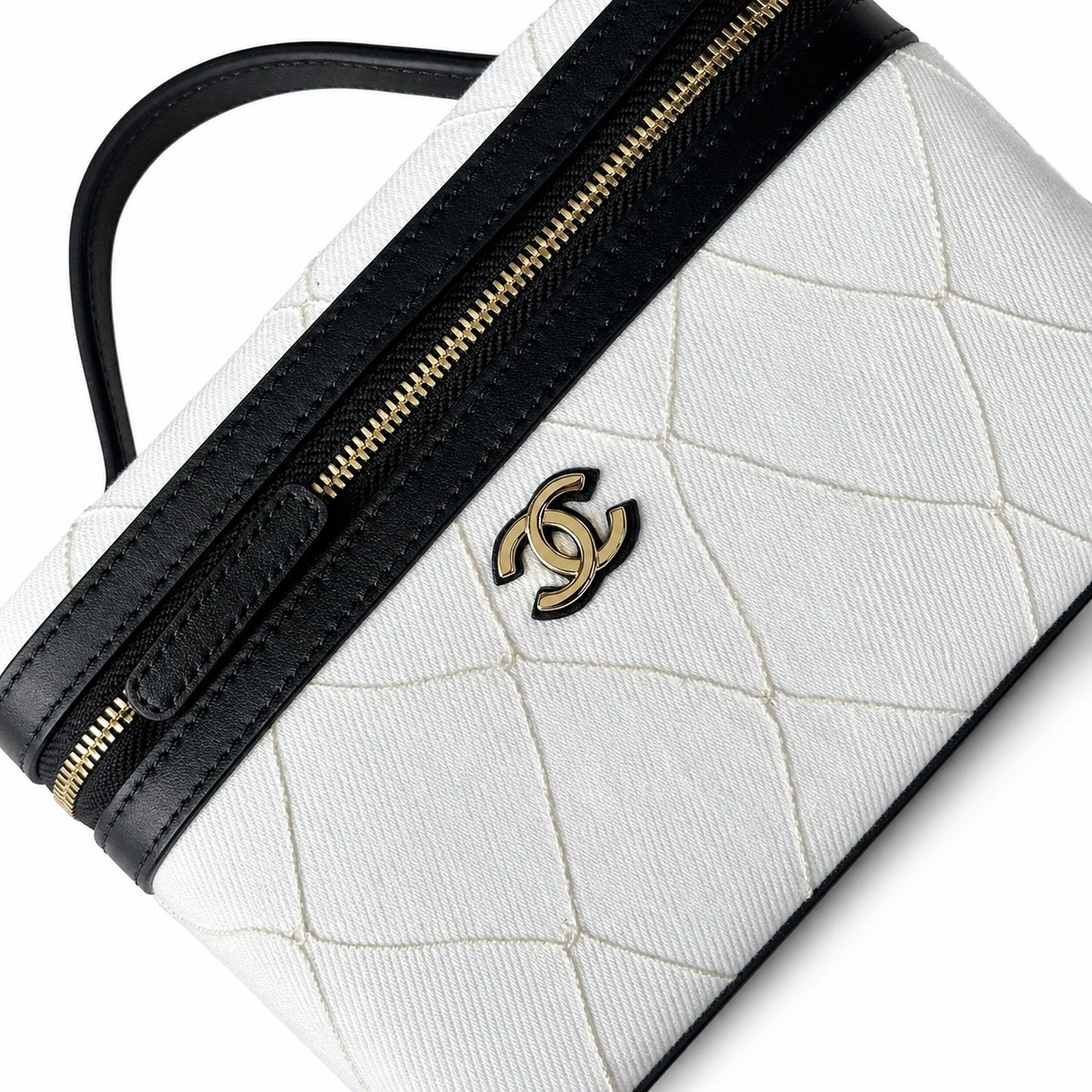 Chanel Double Zip Small Canvas Tweed Leather Black White Gold Bag