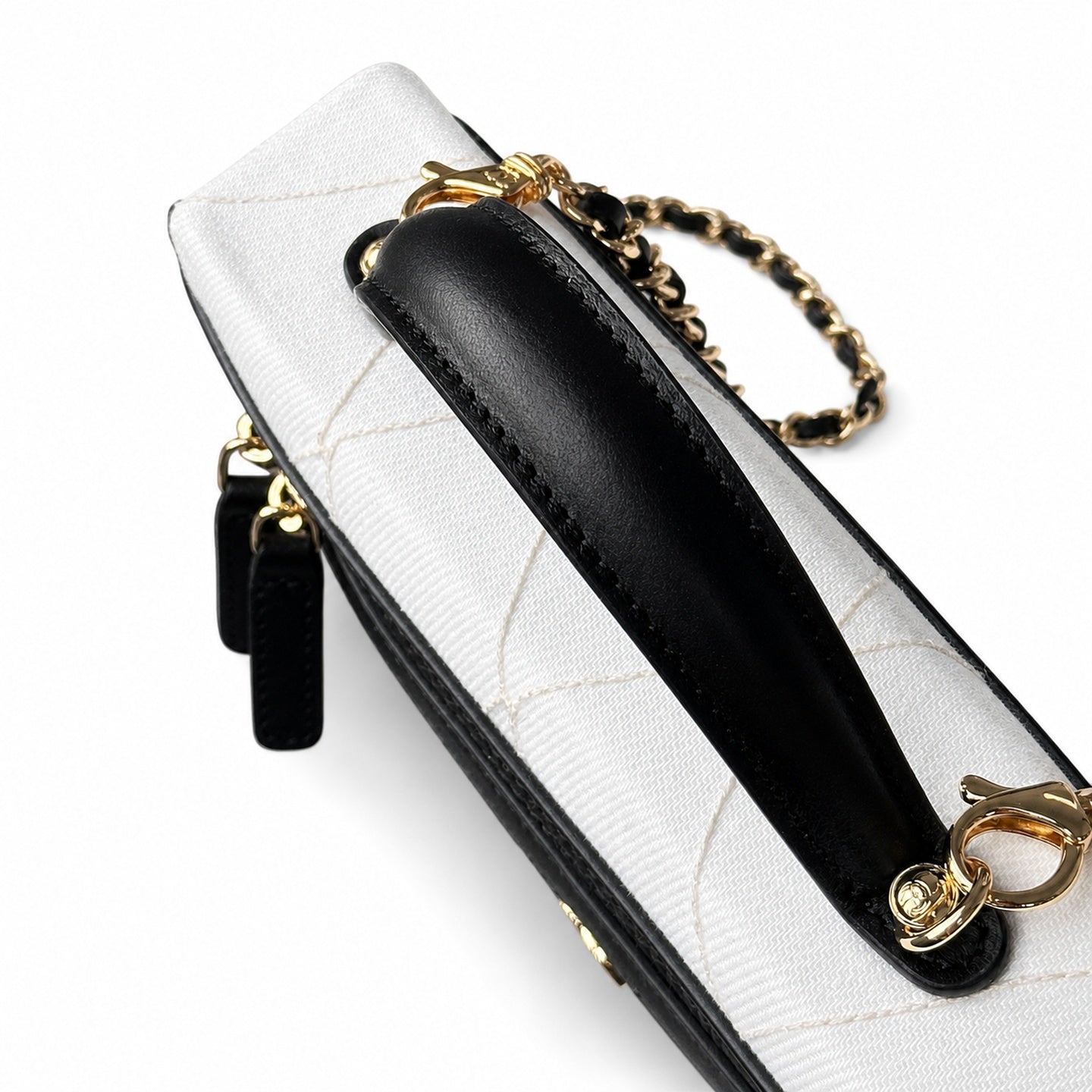 Chanel Double Zip Small Canvas Tweed Leather Black White Gold Bag