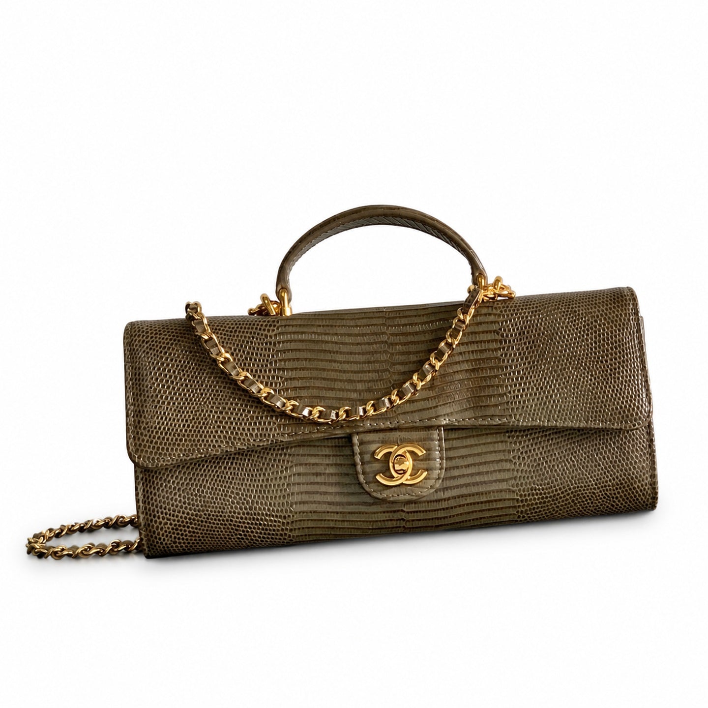 Chanel Leather Gray Khaki Gold Handbag