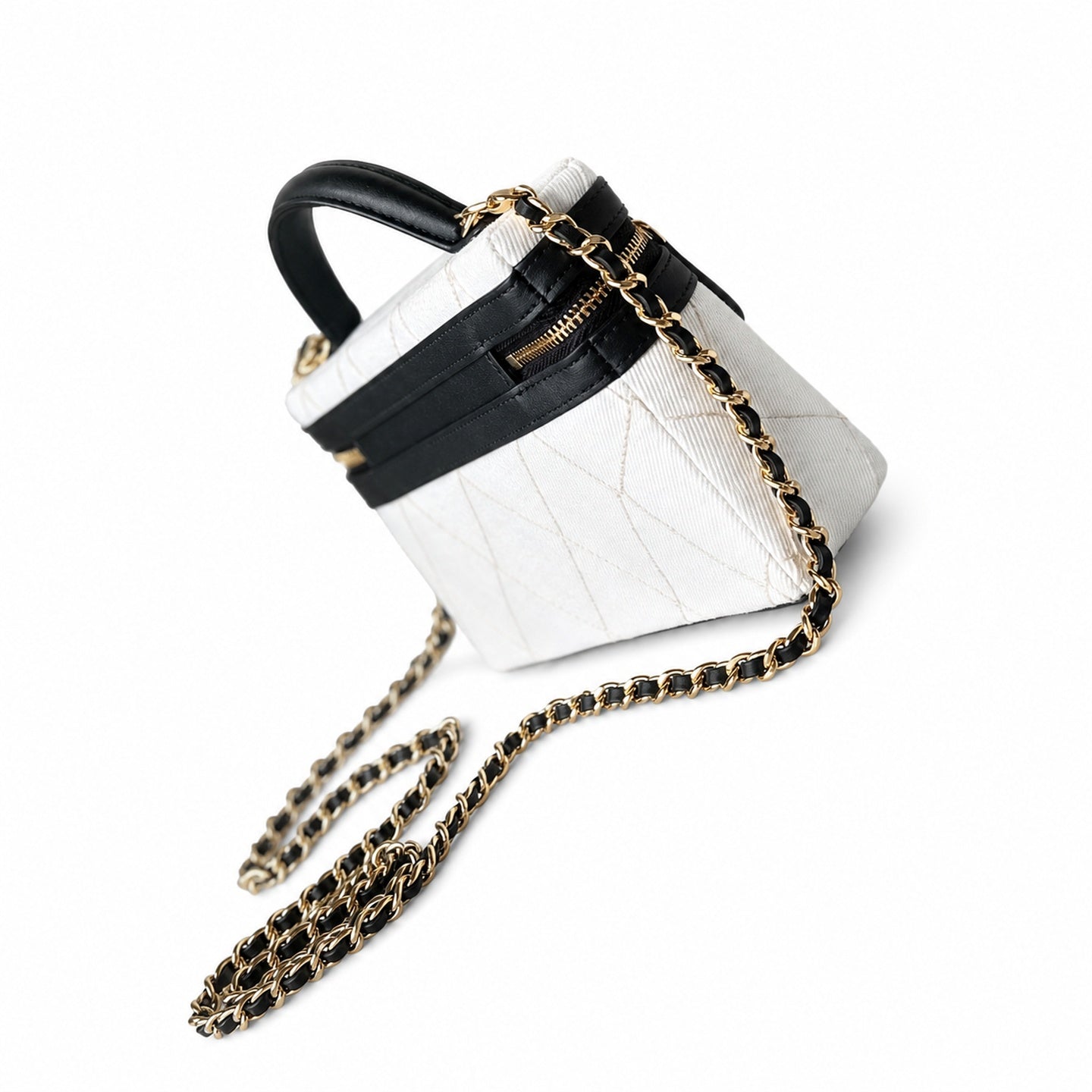 Chanel Double Zip Small Canvas Tweed Leather Black White Gold Bag
