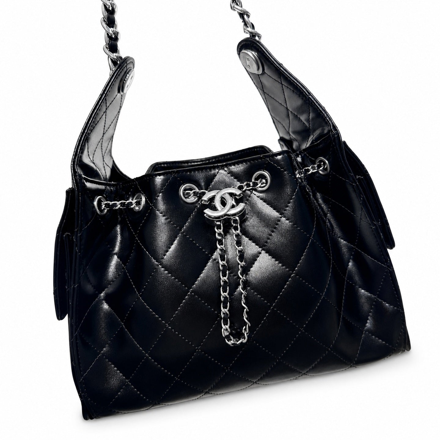 Chanel Small Leather Black White Gold Bag