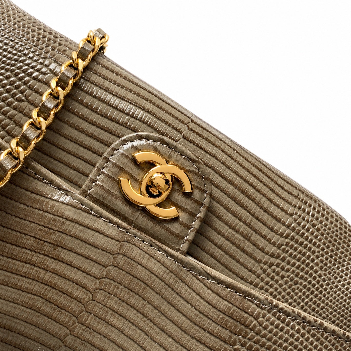 Chanel Leather Gray Khaki Gold Handbag