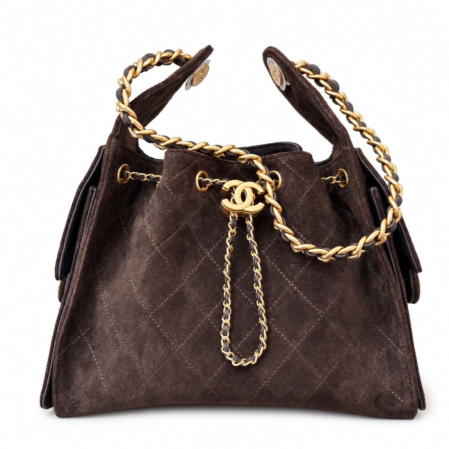 Chanel Suede Check Brown Gold Bag