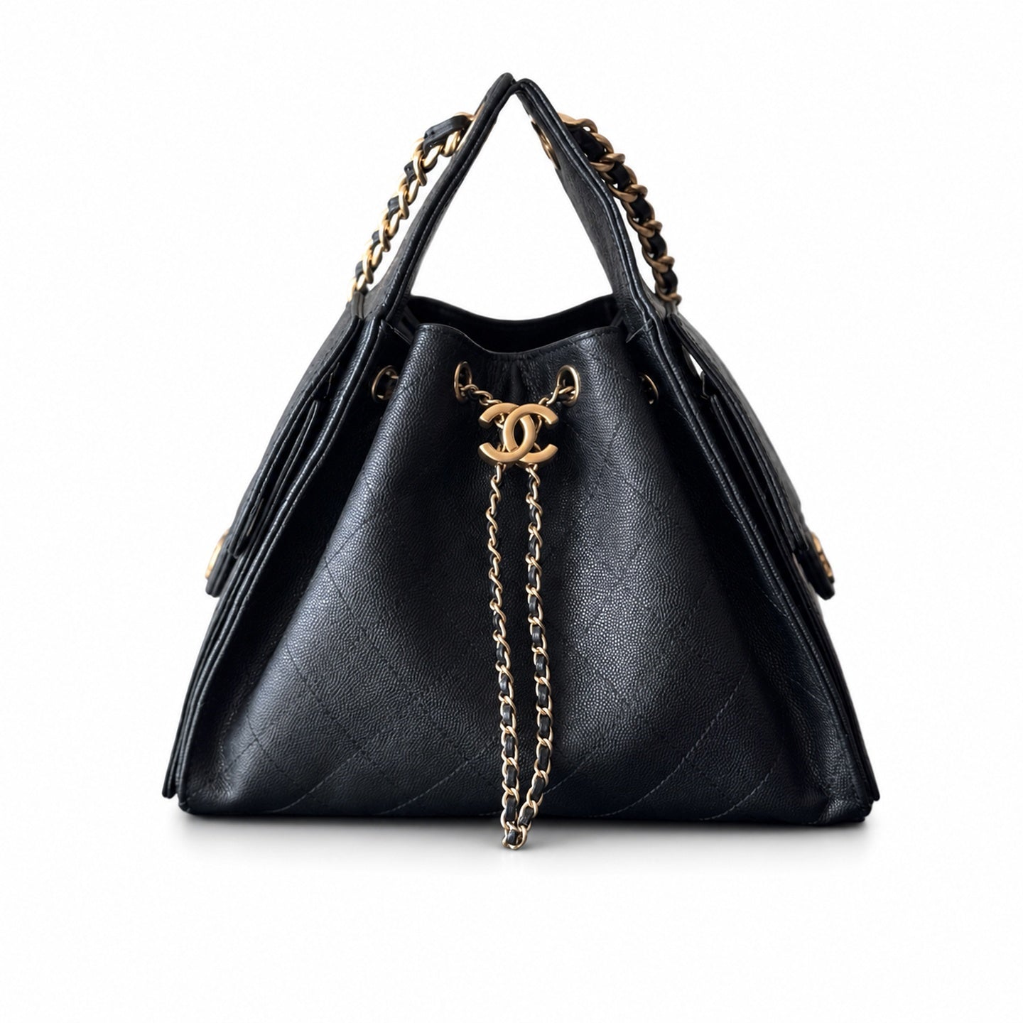 Chanel Small Leather Black Gold Shopping Bag