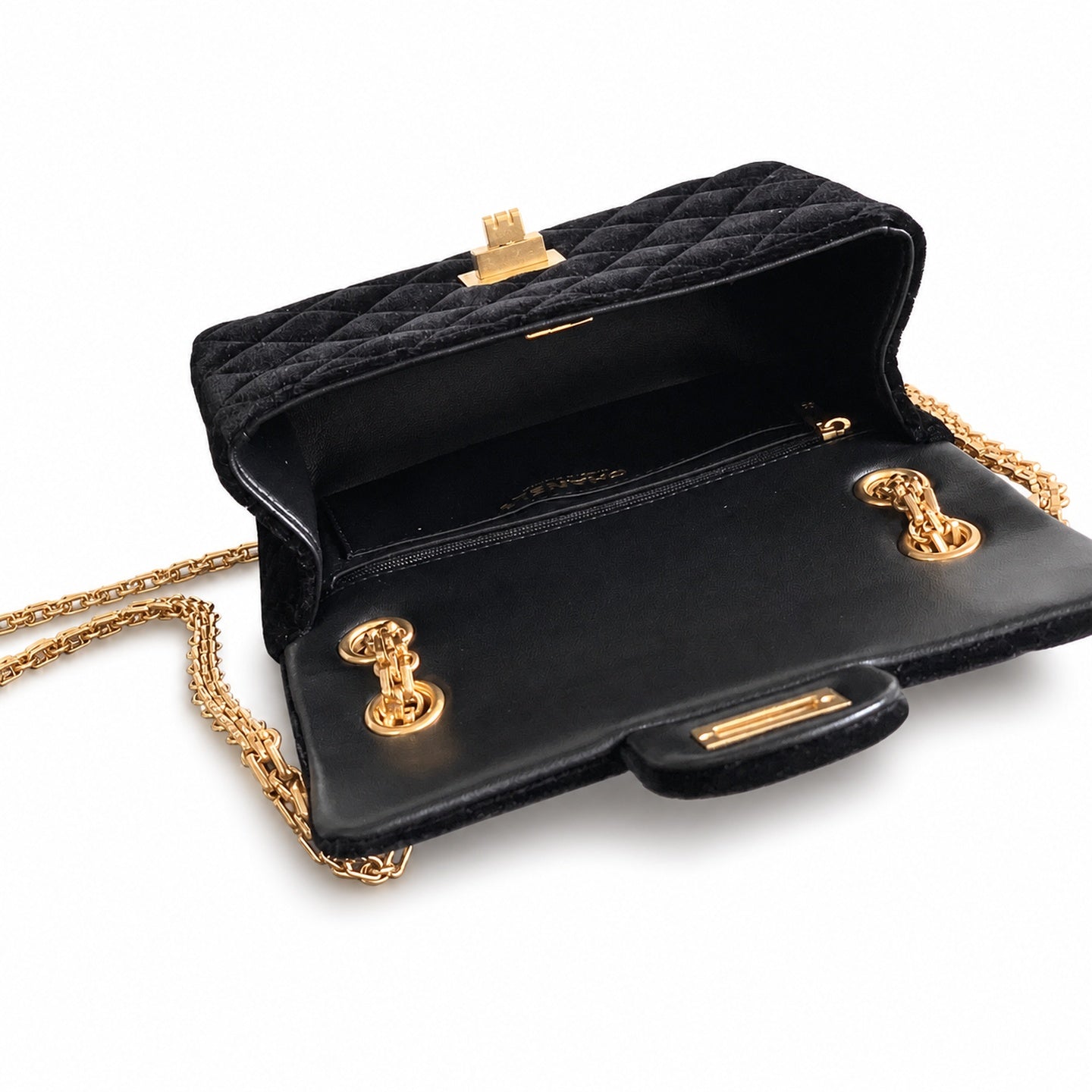Chanel Mini Silk Velvet Tweed Leather Black Gold Charm